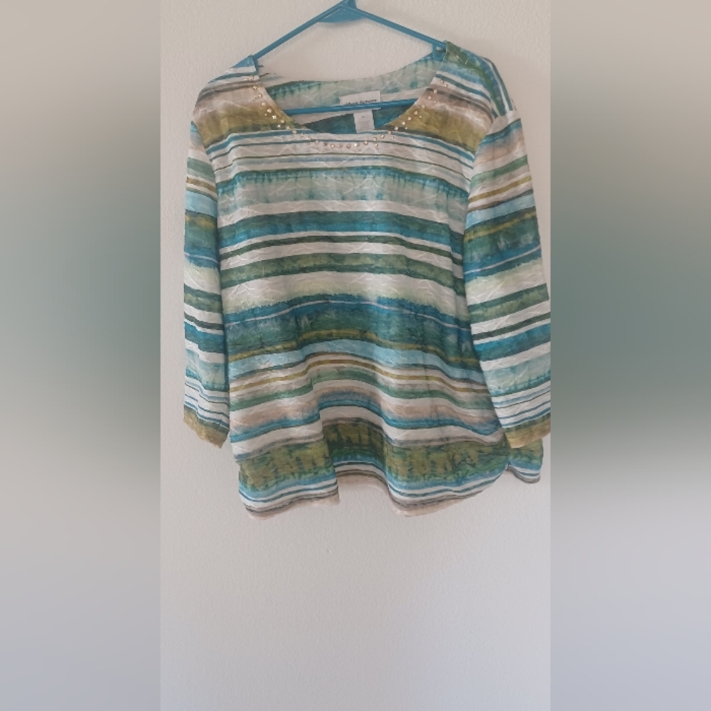 Alfred Dunner Blue and Tan 3/4 Sleeve Boxy Blouse XL